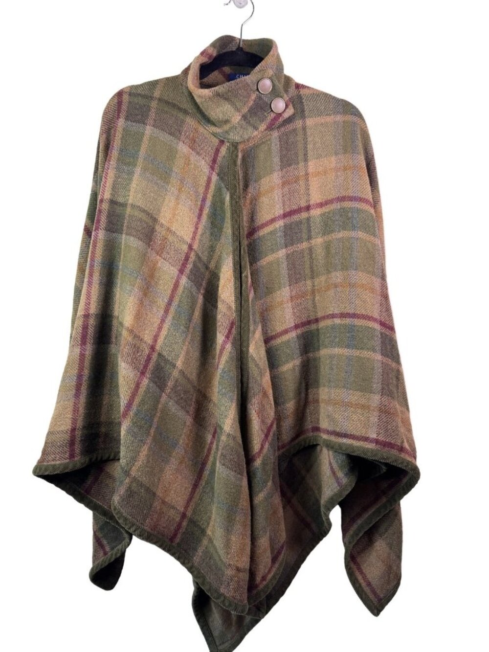 Chaps Women's XL Plaid Wool Blend Collared Button Cape Sweater Brown Green